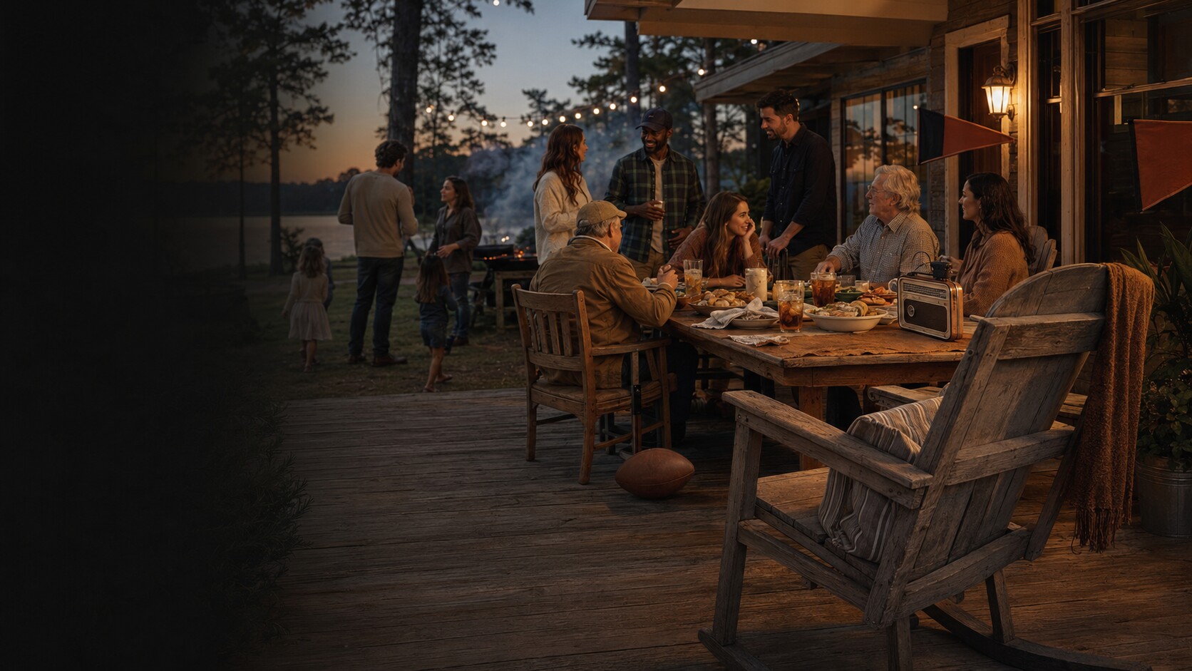Friends and family sharing a meal on a warmly lit Southern porch