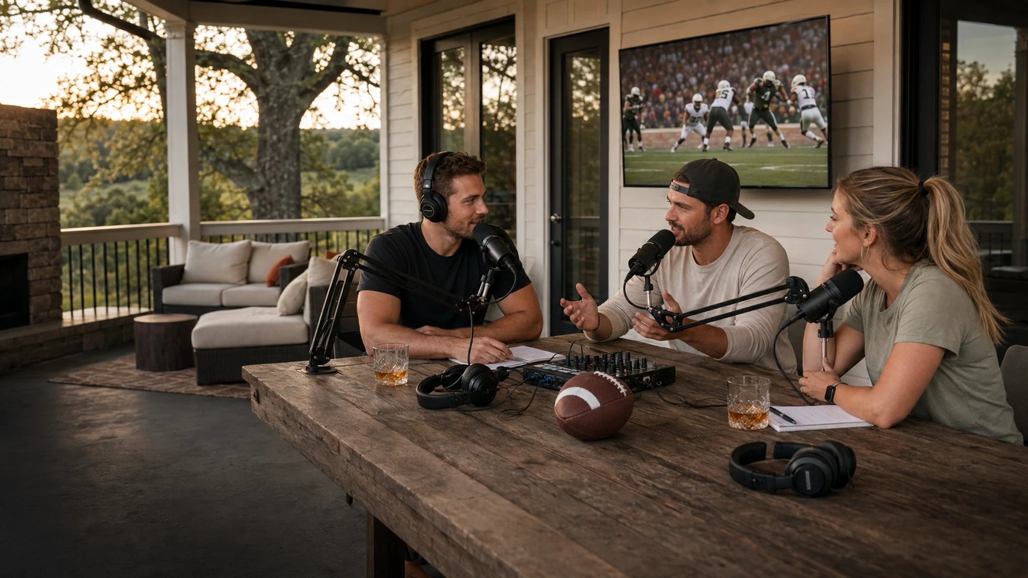 Three younger Back Porch Sports hosts recording a football podcast on an open porch with a game playing behind them