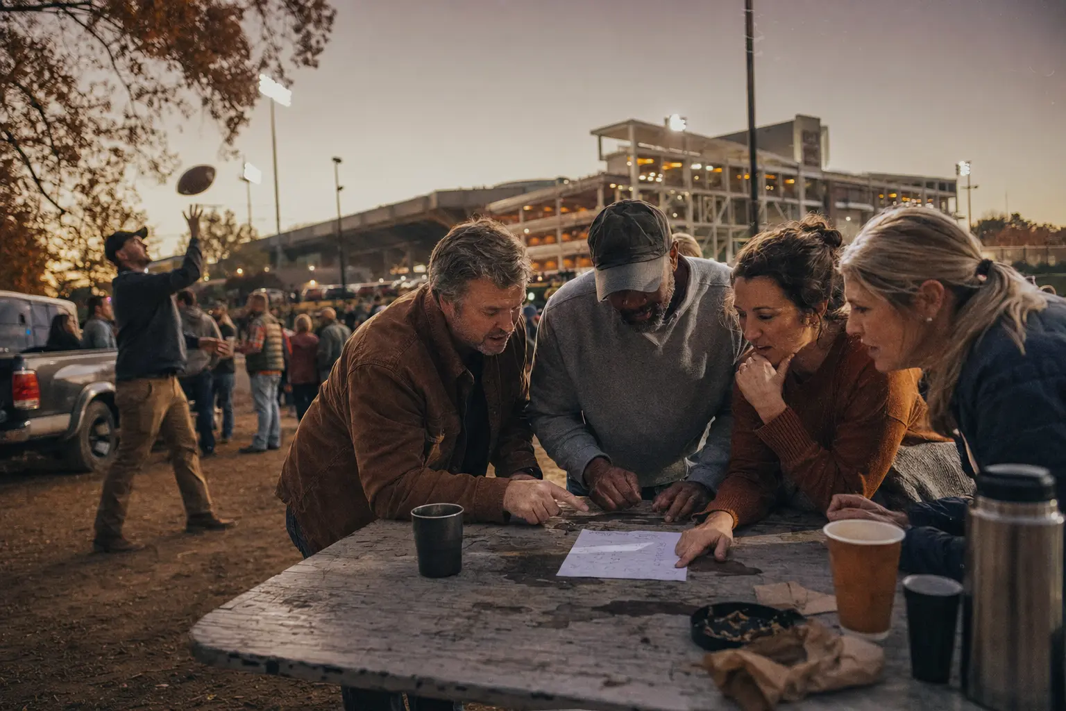 Football fans gathering around a tailgate table before the game