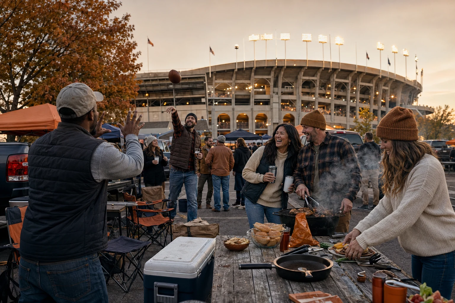 Friends tossing a football and cooking together at a Southern tailgate outside a stadium before kickoff